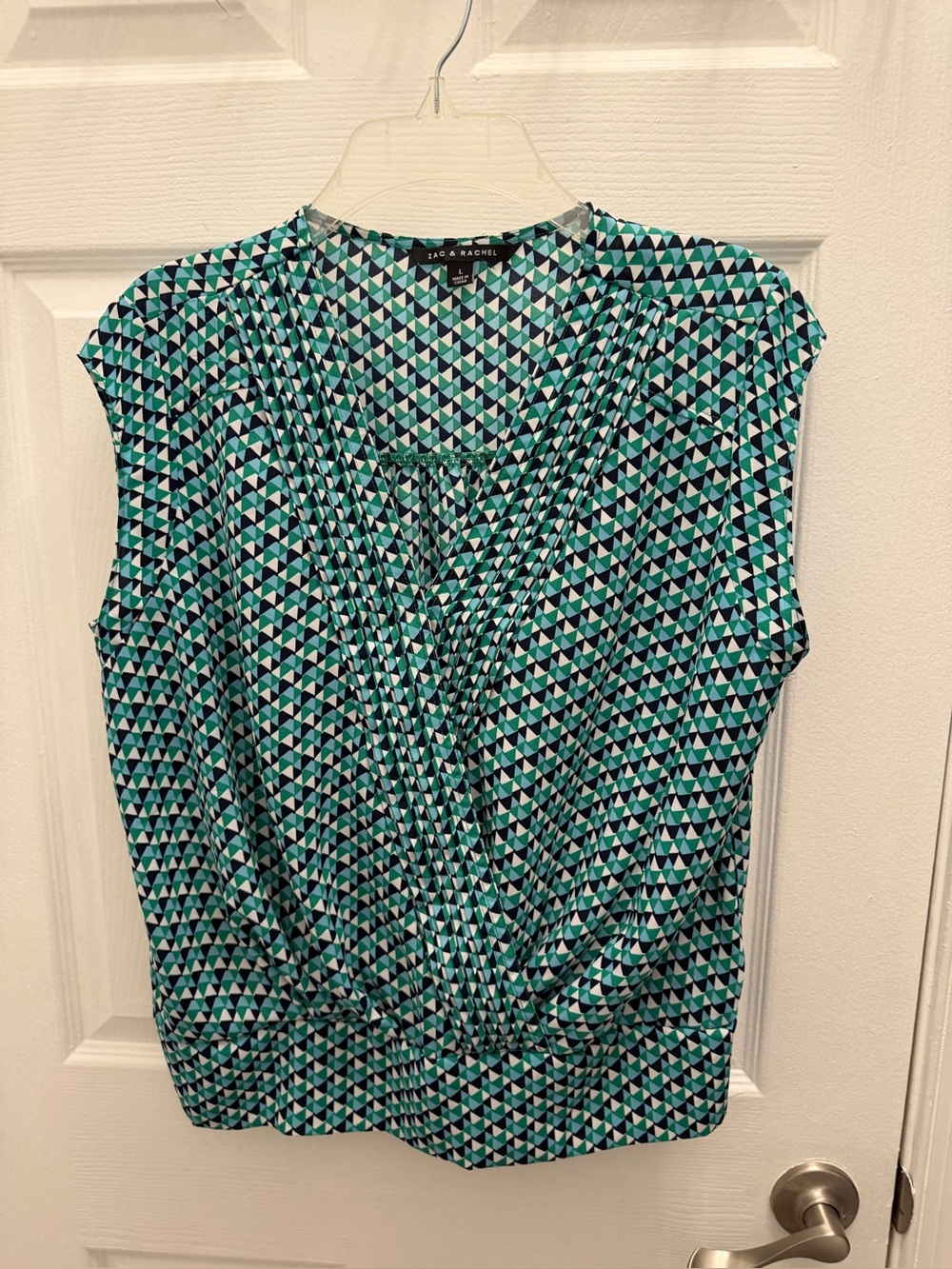 Zac & Rachel Teal and Black Geometric Cap-Sleeve Top